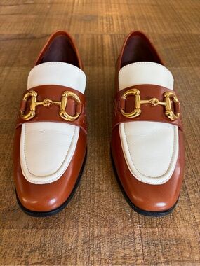 Jeffrey Campbell Velviteen Bit Loafers in a brown and white two-tone leather